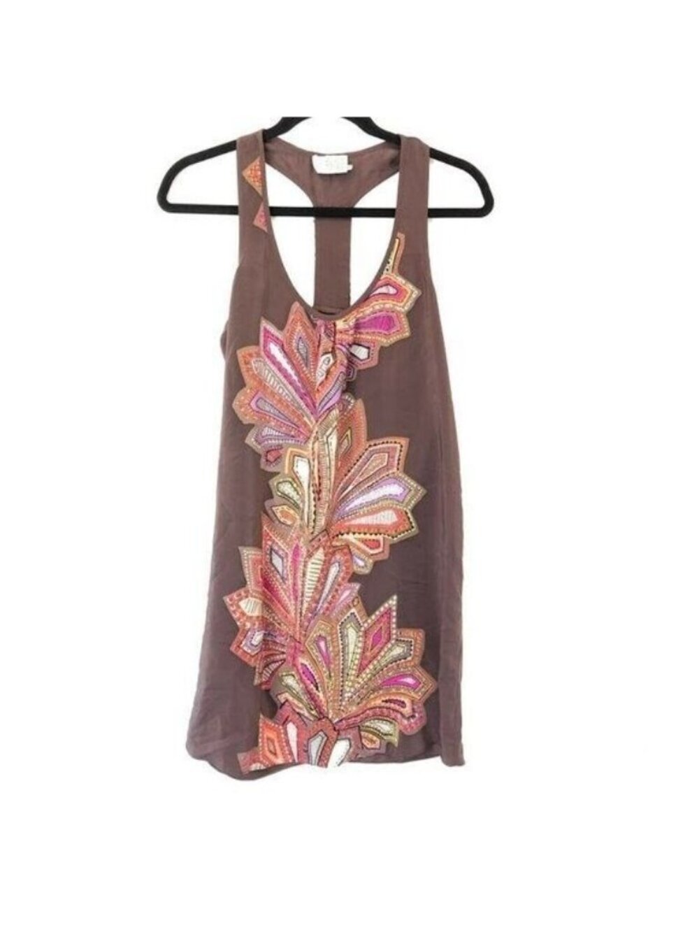 Alice & Trixie Size XS Silk Brown Floral Racerback Tank Sequin Longline